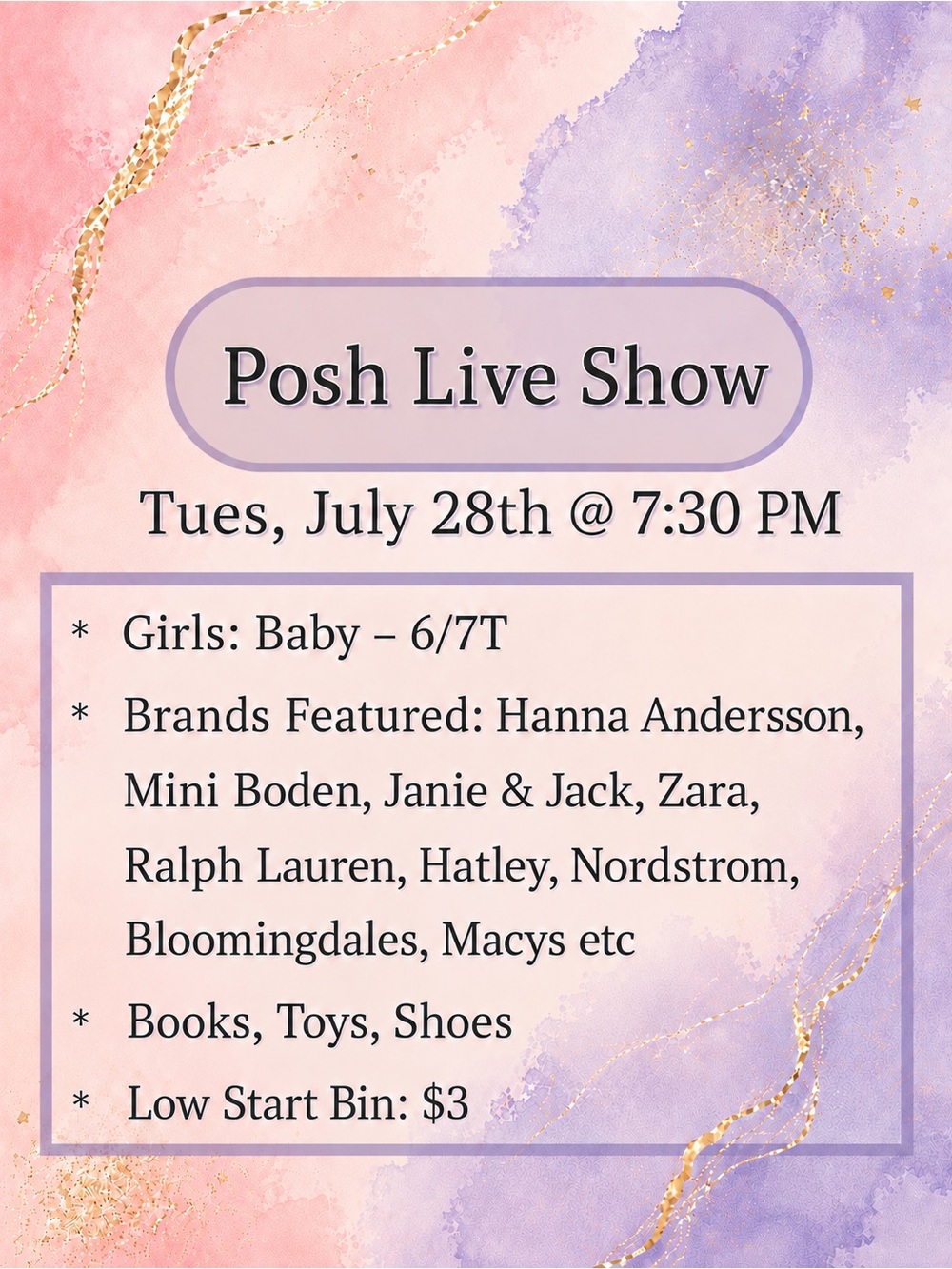 Posh Live Show: Tues, July 28th at 7:30 PM